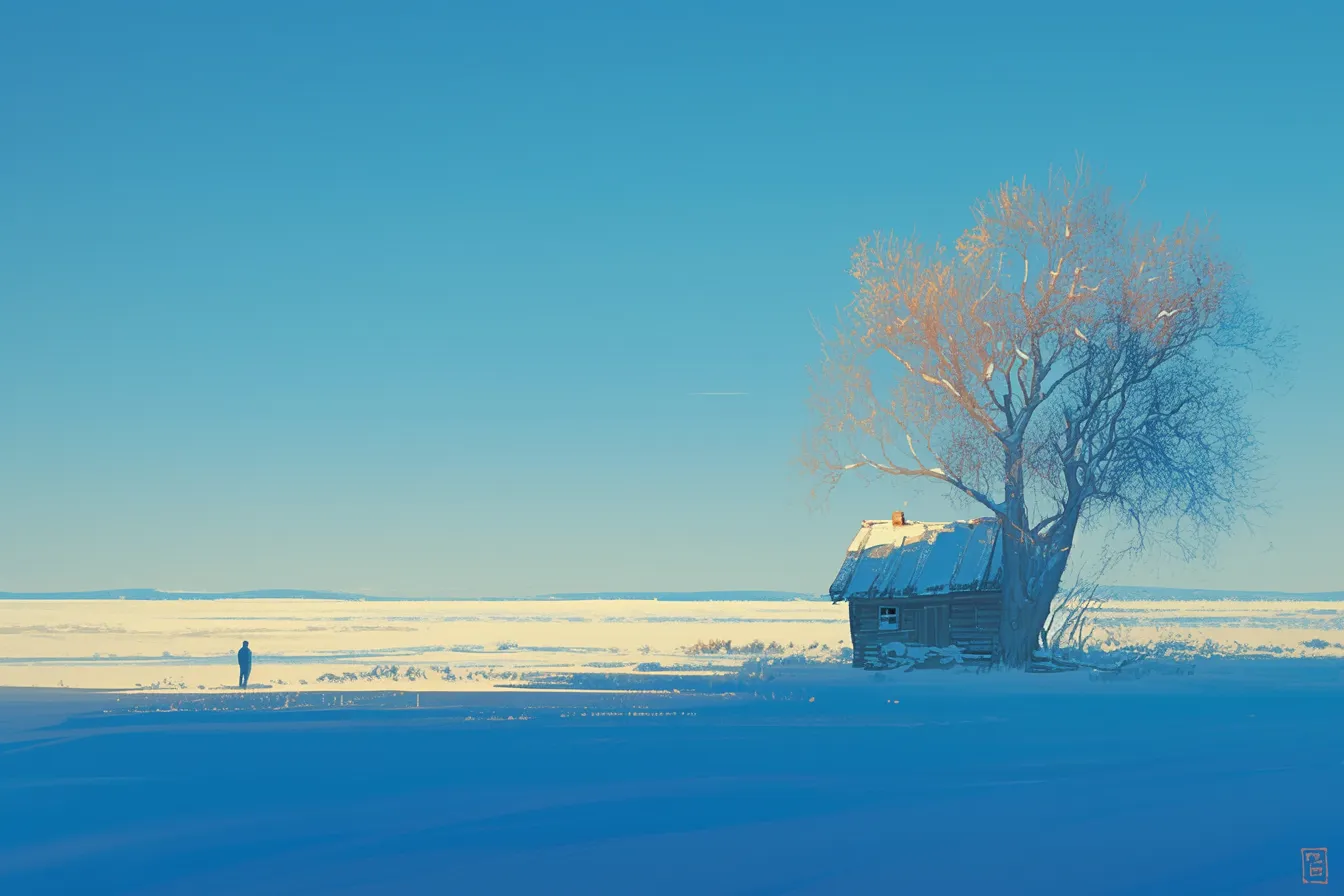 綺麗な冬の小屋と大樹｜青い空と広がる雪景色の中に小さな小屋と大樹が印象的に配置され、構図の余白感が冬の静寂を際立たせます。綺麗な冬の雰囲気を伝える写真素材として広告や冊子に活用できます。