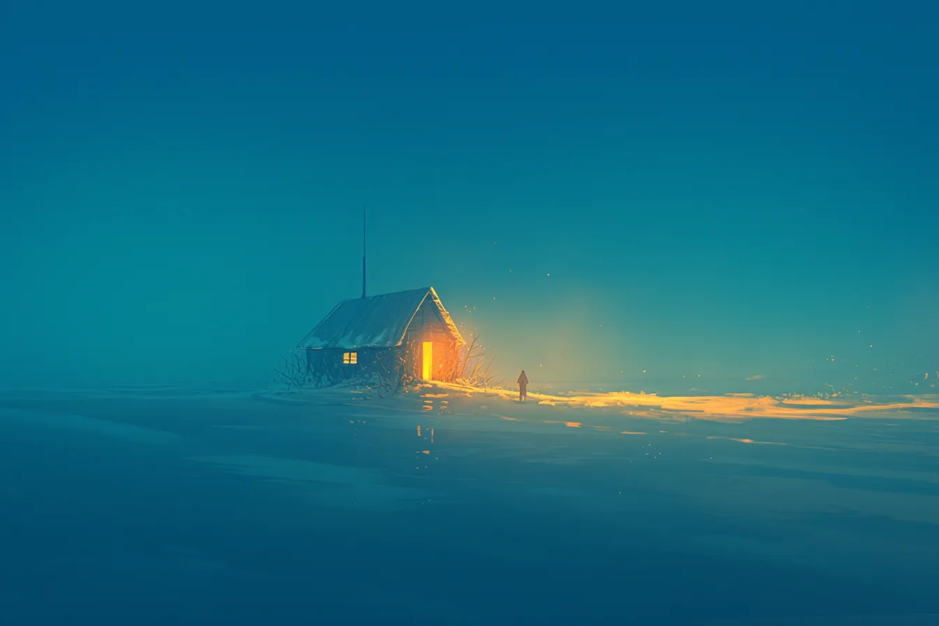 綺麗な冬の雪原に灯る小屋｜雪に覆われた大地の中、暖かな光が小屋から漏れる情景が印象的です。暗い背景と対照的な輝きが強調され、綺麗な冬の温かみを感じさせるビジネス素材に適しています。