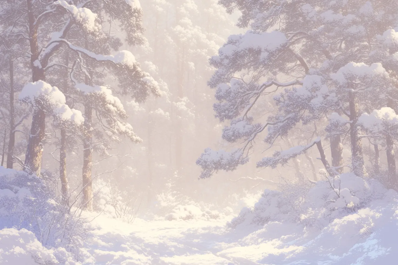 綺麗な冬の森と柔らかな光｜木々に積もる雪と差し込む柔らかな光が幻想的な雰囲気を作り出しています。綺麗な冬の安らぎを表現するビジネス用の背景素材として利用できます。