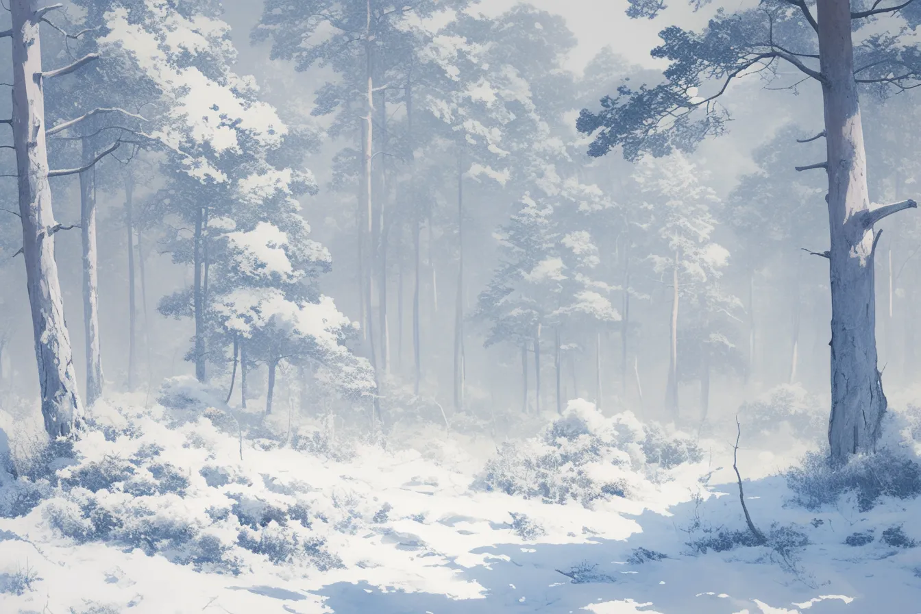 綺麗な冬の深い森の情景｜雪が積もった木々が連なり、奥行きを感じさせる構図が静けさを演出しています。綺麗な冬の自然美を伝えるカタログや資料に最適です。