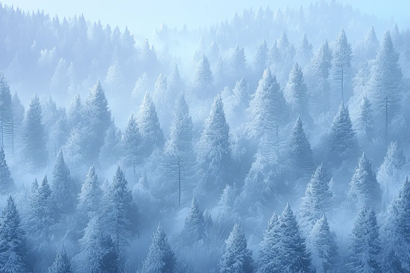 綺麗な冬の針葉樹林の風景｜雪をまとった針葉樹が連続する景観は壮大で、青みがかった光が澄んだ空気を演出します。綺麗な冬の清涼感を表現する写真素材として効果的です。