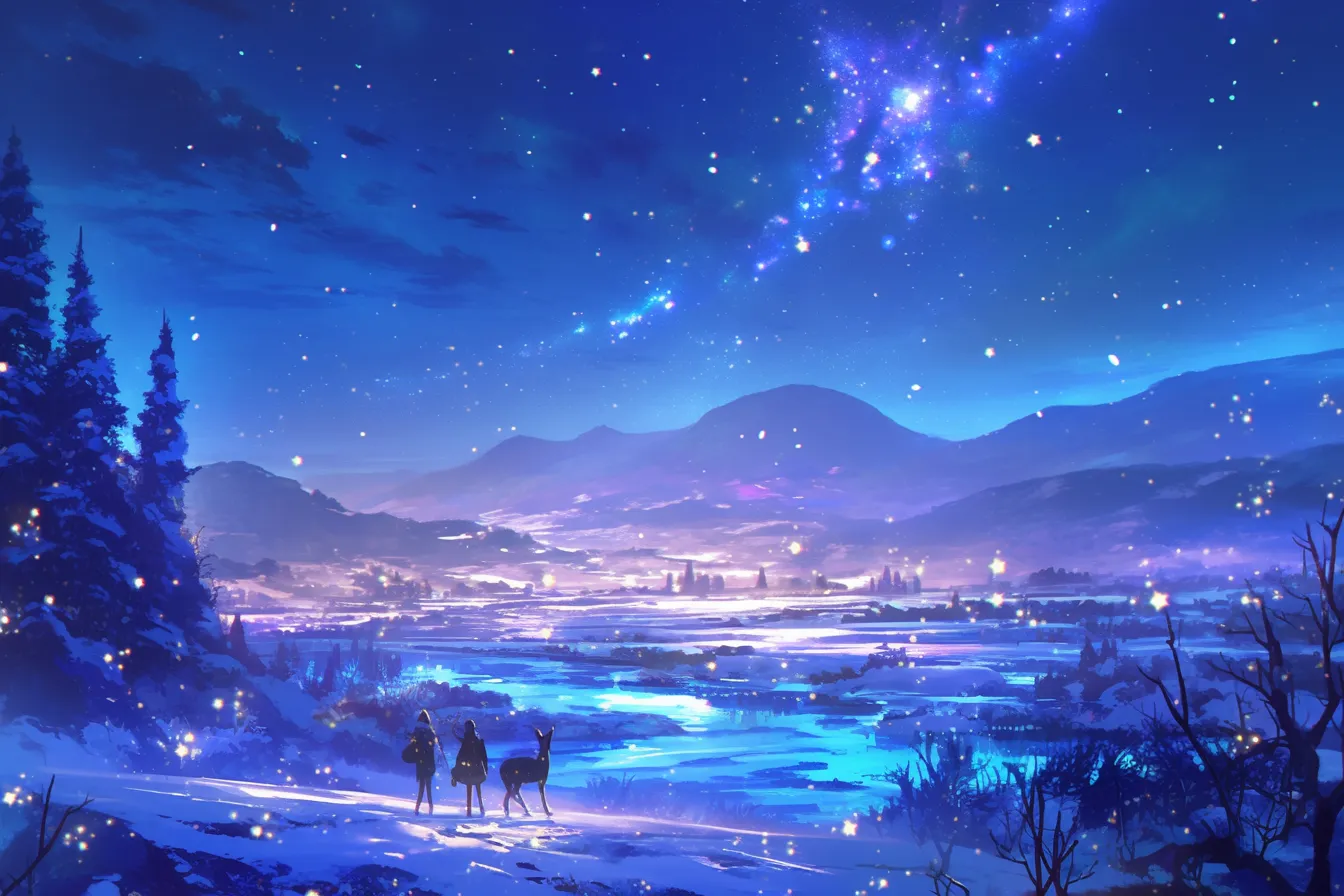 綺麗な冬の星空と雪原の旅路｜雪に覆われた大地と煌めく星空、シルエットの人物と鹿が詩的な情景を作り出します。綺麗な冬の幻想的な雰囲気を演出できる素材です。