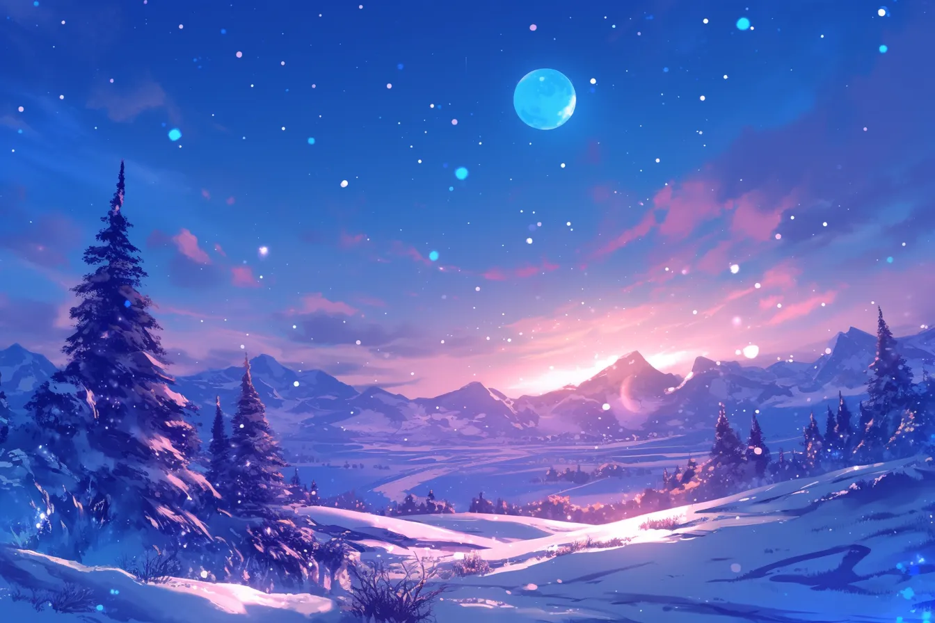 綺麗な冬の月明かりと山並み｜雪に包まれた山々と夜空に浮かぶ月がロマンチックに描かれています。綺麗な冬の広がりを感じさせるビジネス用デザインや背景に適した素材です。