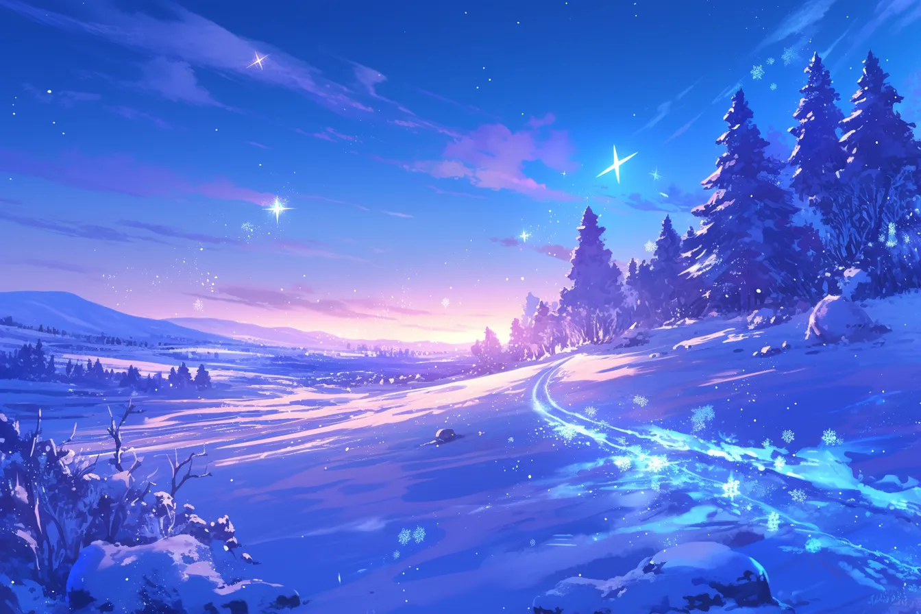 綺麗な冬の雪道と夕暮れ｜雪道の曲線が夕暮れの空へと導き、柔らかな光と影が温かみを与えます。綺麗な冬の旅情を伝える広告や背景素材に活用できます。