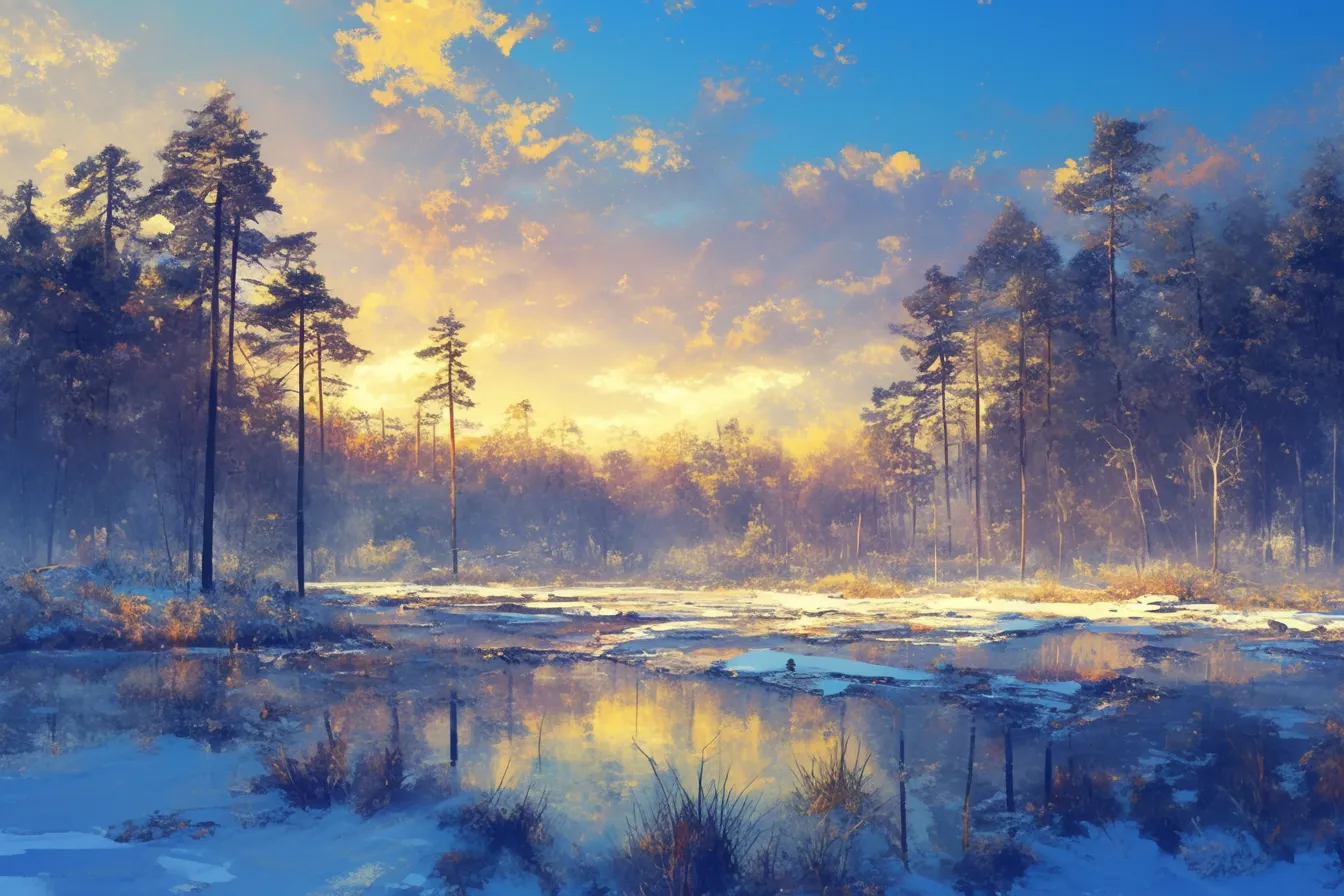 綺麗な冬の森と夕暮れの空｜雪解けの森と夕焼け空のコントラストが印象的で、情緒豊かな雰囲気を演出します。綺麗な冬の温かみを表現する記事や表紙デザインに適しています。