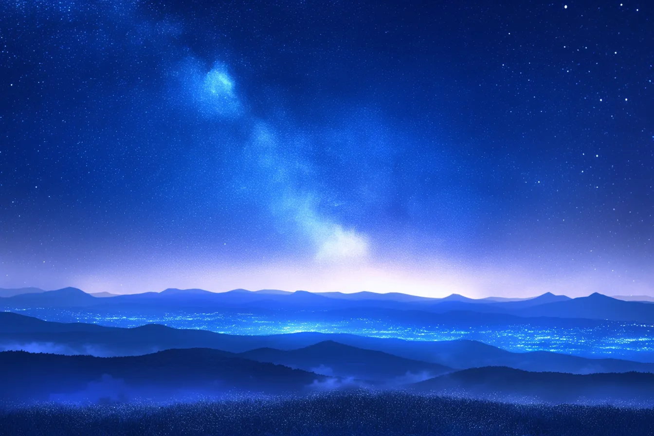 青く輝く山と星の綺麗な空｜山々と街明かりのシルエットの上に星が広がる風景。澄み渡る青が特徴的で、幻想的な演出に役立つ綺麗な空の素材です。