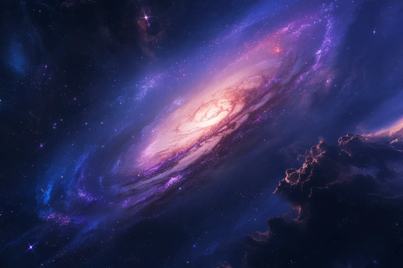 綺麗な宇宙の螺旋銀河｜鮮やかな星々と紫の広がりが組み合わさり、奥深さを強調するデザインです。綺麗な宇宙の神秘を印象づける科学イベントや展示用素材に効果的です。