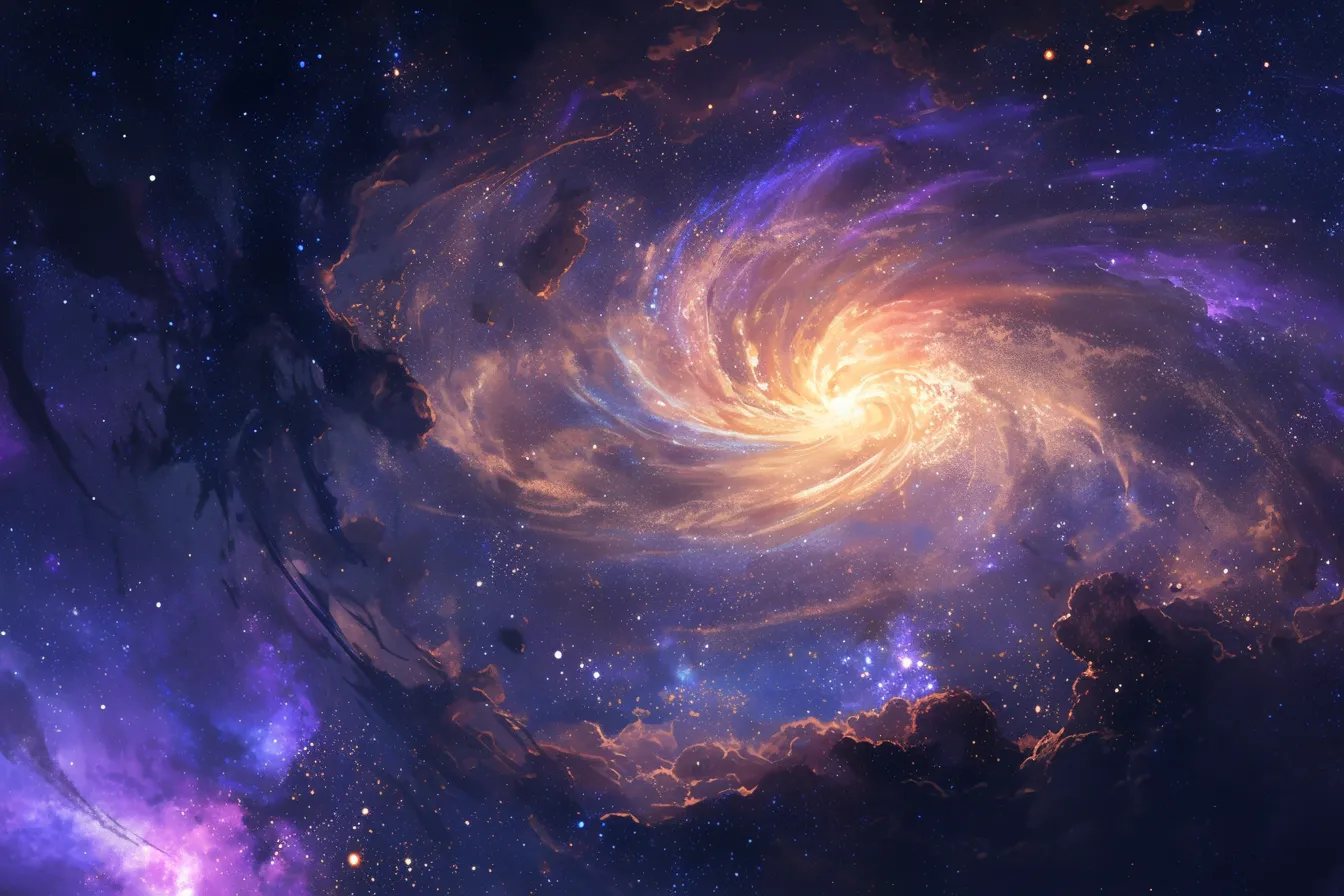 綺麗な宇宙の光る星雲｜中心から放射する光が雲状の星屑を照らし、幻想的で動きのある表現です。綺麗な宇宙の輝きを象徴する背景素材や教育コンテンツに最適です。