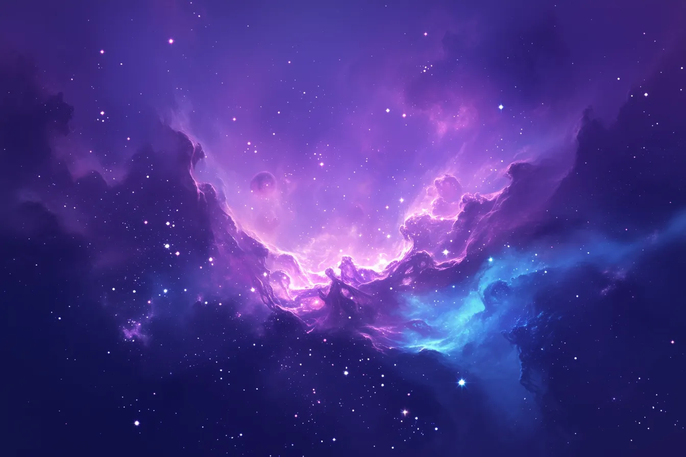 綺麗な宇宙の光に包まれた雲｜青紫の光と淡い星々が調和し、空間の奥行きを印象的に表現しています。綺麗な宇宙の静謐さを演出する資料や広告用素材として利用可能です。