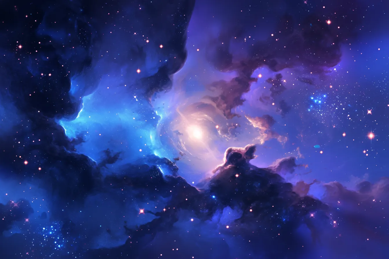 綺麗な宇宙の光彩と星雲｜輝く光が星雲に反射し、青と黒のコントラストが深みを与えています。綺麗な宇宙の荘厳な表情を伝える販促用デザインにおすすめです。