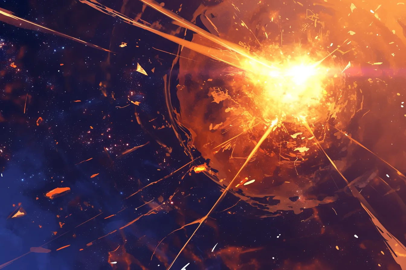 綺麗な宇宙の爆発する光｜強烈な光が破片とともに広がり、躍動感に満ちた瞬間を切り取っています。綺麗な宇宙の力強さを示すビジネス資料や映像演出に適しています。
