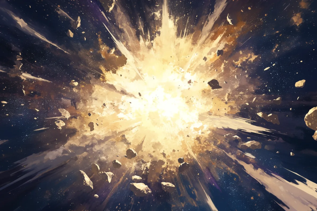 綺麗な宇宙の閃光と破片｜爆発の中心から四方に広がる光と破片が迫力を生み、視覚的インパクトを強調します。綺麗な宇宙のエネルギーを表現する広告素材に効果的です。
