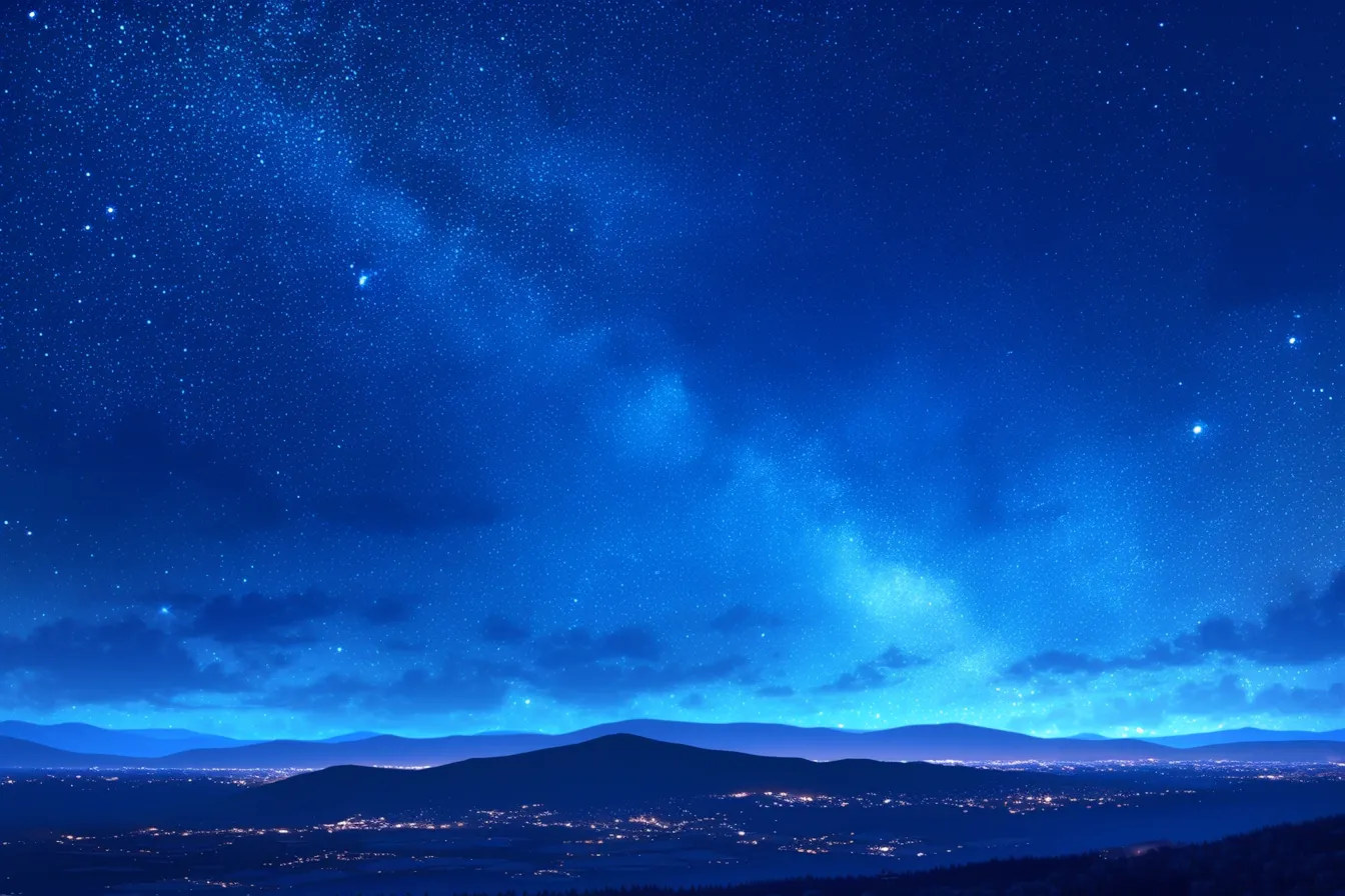 星と街明かりが調和する綺麗な空｜夜空の星と都市の灯りが共鳴する幻想的な構図。青のグラデーションが清涼感を演出し、静と動を兼ね備えた綺麗な空の写真素材です。