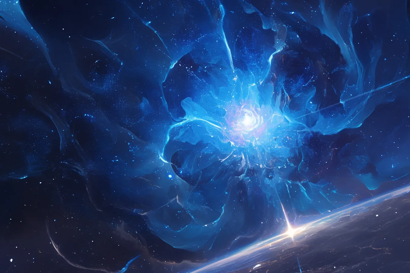 綺麗な宇宙の青い光の爆発｜青い光が広がりエネルギーを放つ様子が描かれ、迫力ある構図が魅力です。綺麗な宇宙の力強さを伝えるビジュアル素材として効果的です。