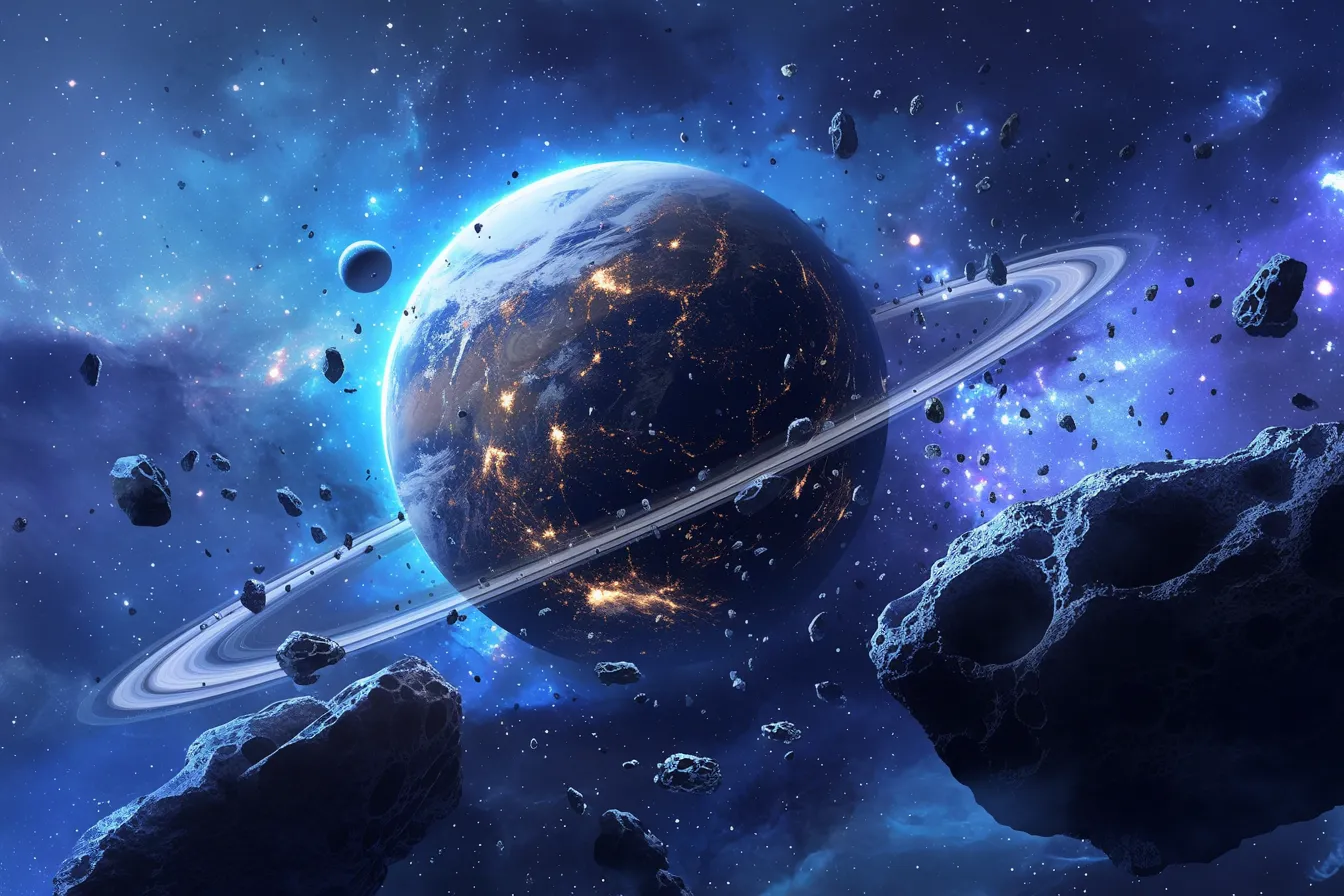 綺麗な宇宙の輪を持つ惑星｜リングをまとった惑星と小惑星群が立体感を伴い、壮大な雰囲気を生み出します。綺麗な宇宙の神秘を伝える資料や展示向けに適しています。