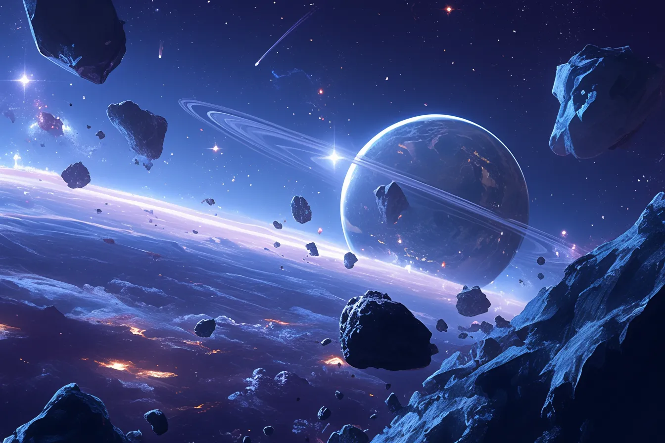 綺麗な宇宙の惑星と流れる隕石｜惑星と隕石帯が奥行きを持ち、淡い青の光が幻想的に描かれています。綺麗な宇宙の広がりを示すデザイン素材として活用できます。
