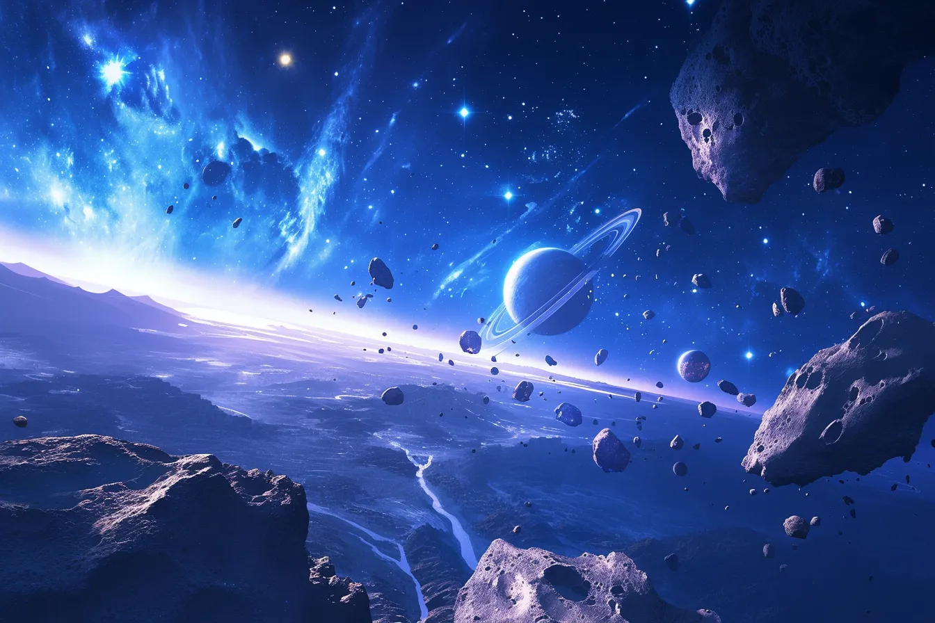 綺麗な宇宙の地平線と土星型惑星｜惑星の地平線から見えるリングを持つ惑星と隕石群が印象的です。綺麗な宇宙の壮大さを感じさせる広告や冊子に効果的です。