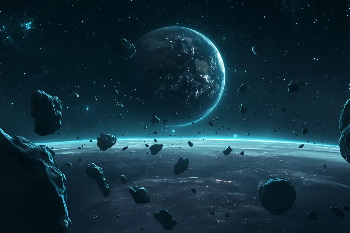 綺麗な宇宙の暗闇に浮かぶ惑星｜黒に近い深い青の中に惑星と隕石群が浮かび、静けさを際立たせています。綺麗な宇宙の静謐さを表現する資料や背景素材に適しています。