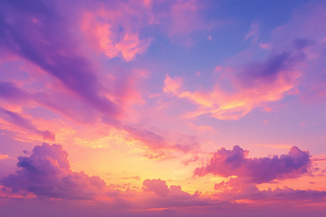 夕焼け雲が広がる綺麗な空｜紫とオレンジが混ざり合う夕焼け雲の色彩が特徴的。温かみある印象を与え、ロマンチックな雰囲気を演出できる綺麗な空の素材です。