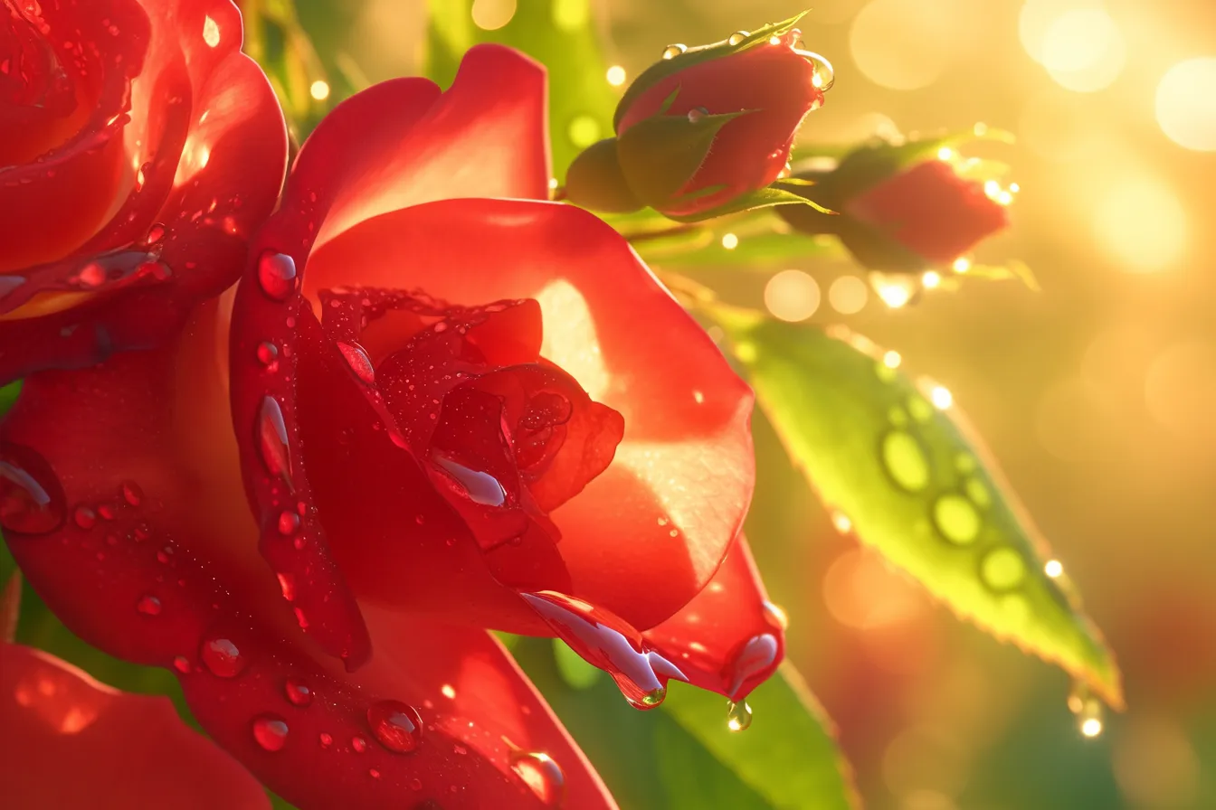 綺麗な花の夕陽に照らされたバラ｜夕陽に染まる赤い花が温かみを帯び、輝く雫が印象的です。綺麗な花のドラマチックな魅力を引き立てる広告素材として活用できます。
