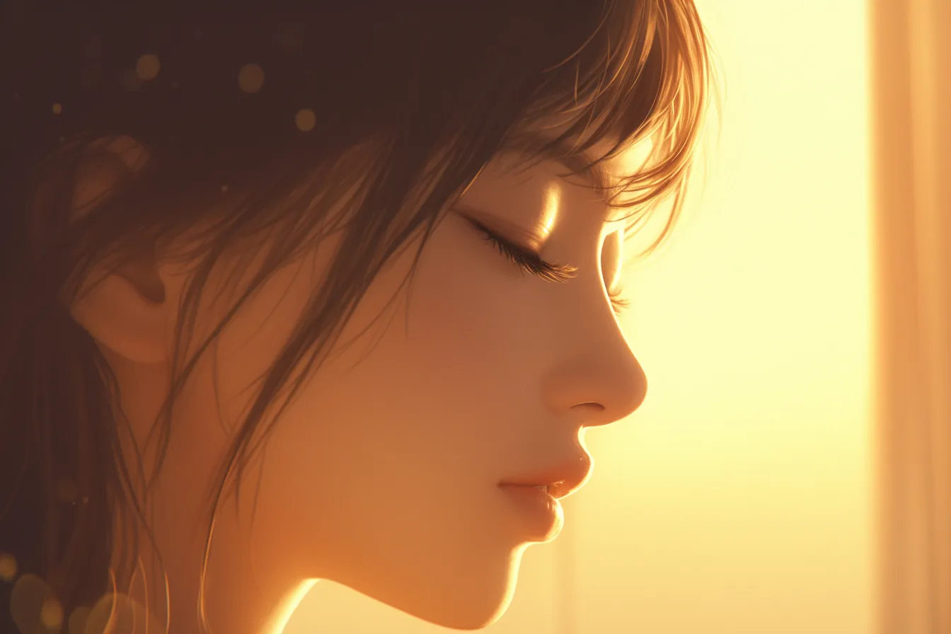 綺麗な横顔の女性と夕日の光｜柔らかな夕日の光に照らされた女性の横顔が繊細に描かれています。綺麗な横顔の穏やかな雰囲気は広告や書籍の挿絵に活用できます。