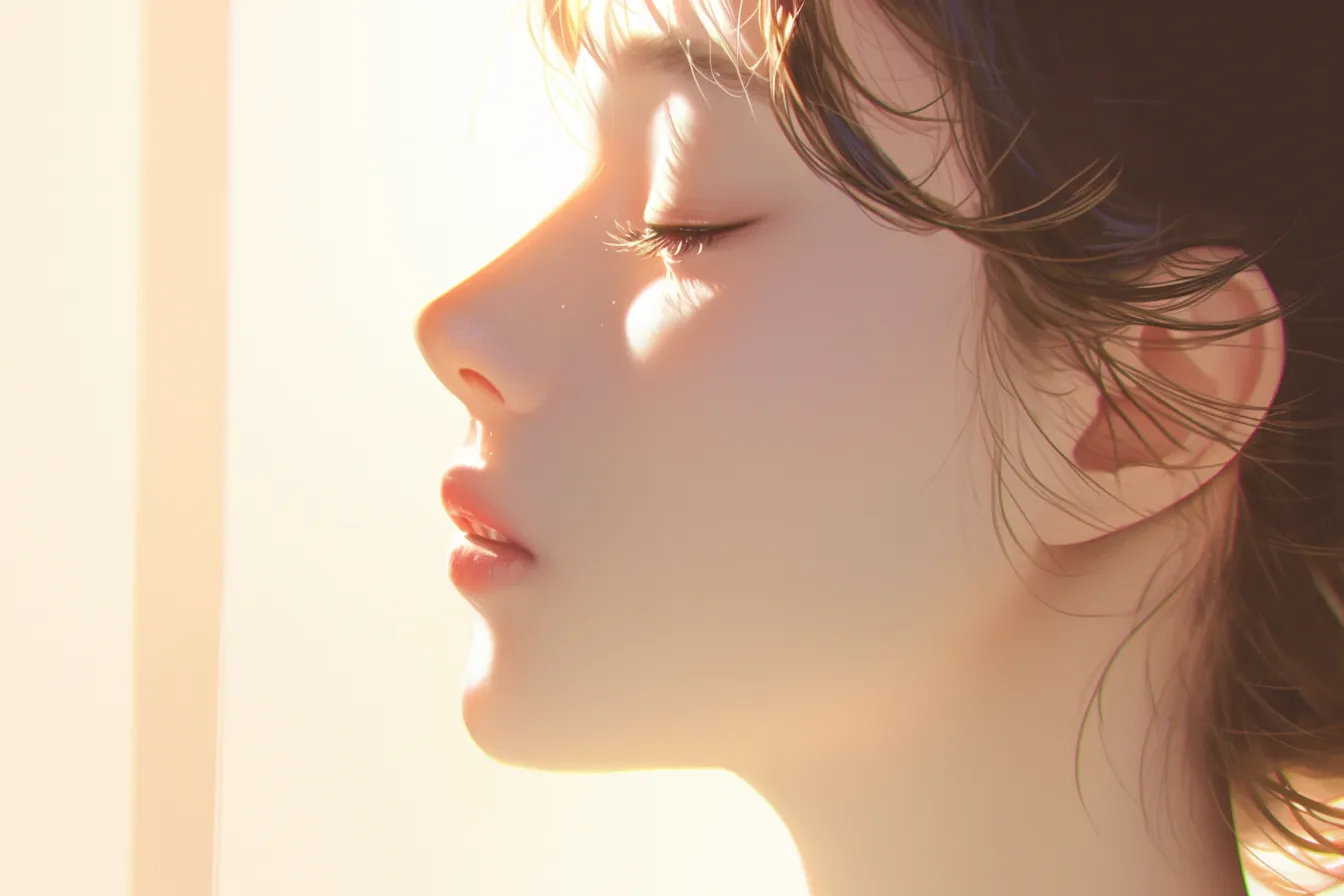 綺麗な横顔の女性と白い光｜白を基調とした背景に女性の横顔が浮かび上がり、清らかな印象を与えます。綺麗な横顔の透明感は美容やファッションの素材に適しています。