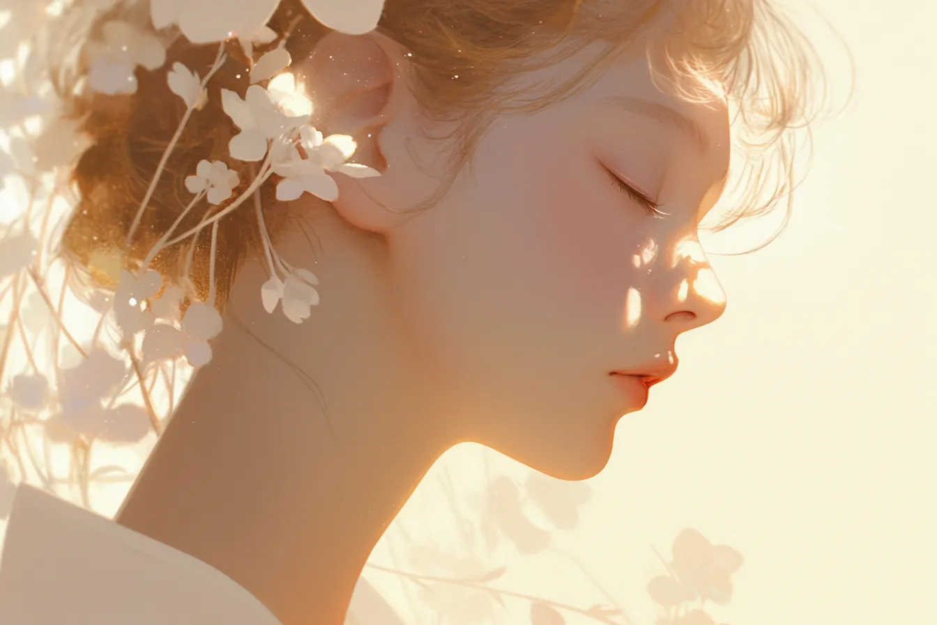 綺麗な横顔の女性と花飾り｜白い花に包まれた女性の横顔が幻想的に表現されています。綺麗な横顔の柔らかさはブライダルや季節イベントのデザインに活用可能です。