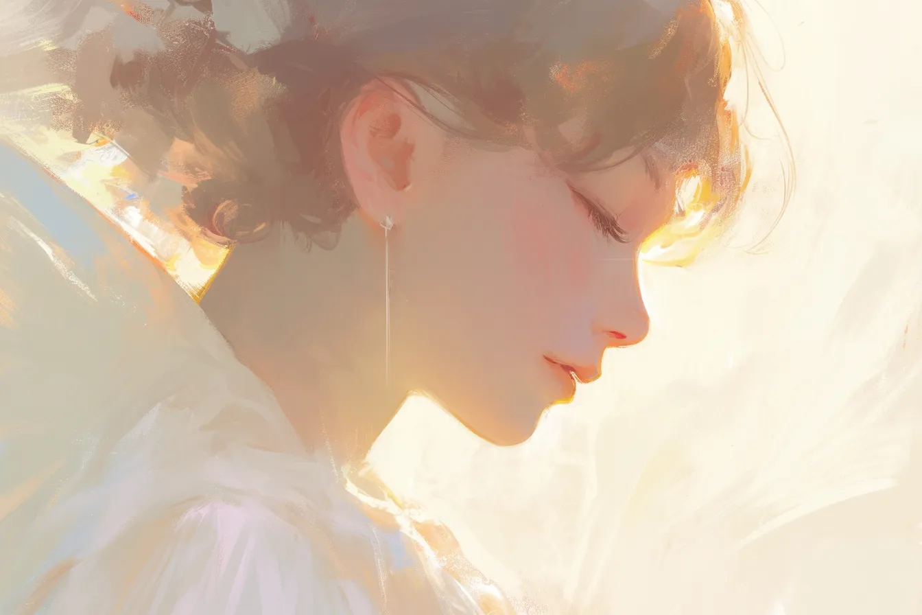 綺麗な横顔の女性と淡い筆致｜絵画風のタッチで表現された女性の横顔が温かい印象を与えます。綺麗な横顔の柔らかさは芸術的なポスターや冊子に効果を発揮します。