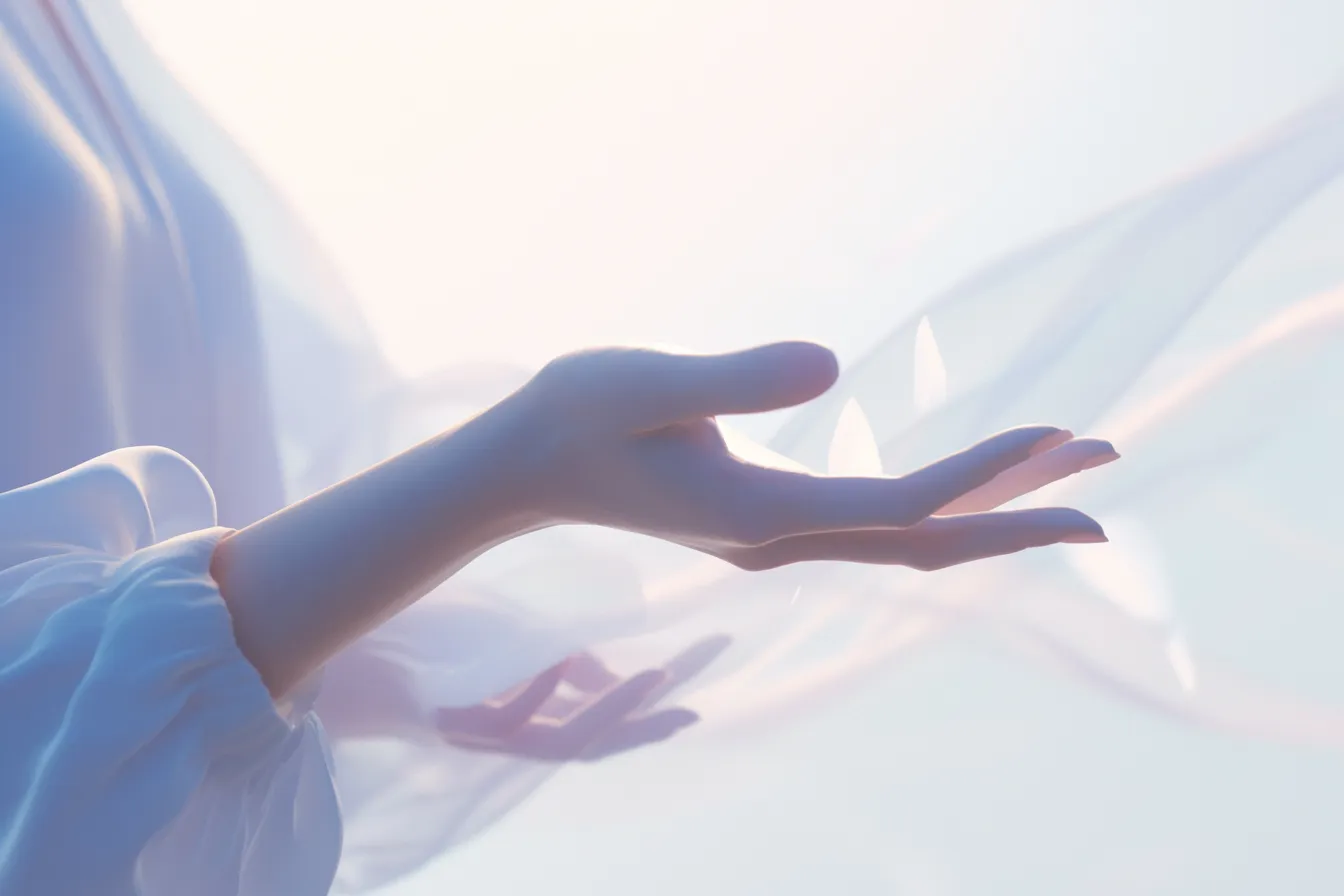 綺麗な手と風の流れ｜光を受けて広がる布の動きとともに伸びる手が印象的。やわらかな曲線と自然な陰影が融合し、綺麗な手の優雅さを際立たせるデザイン。