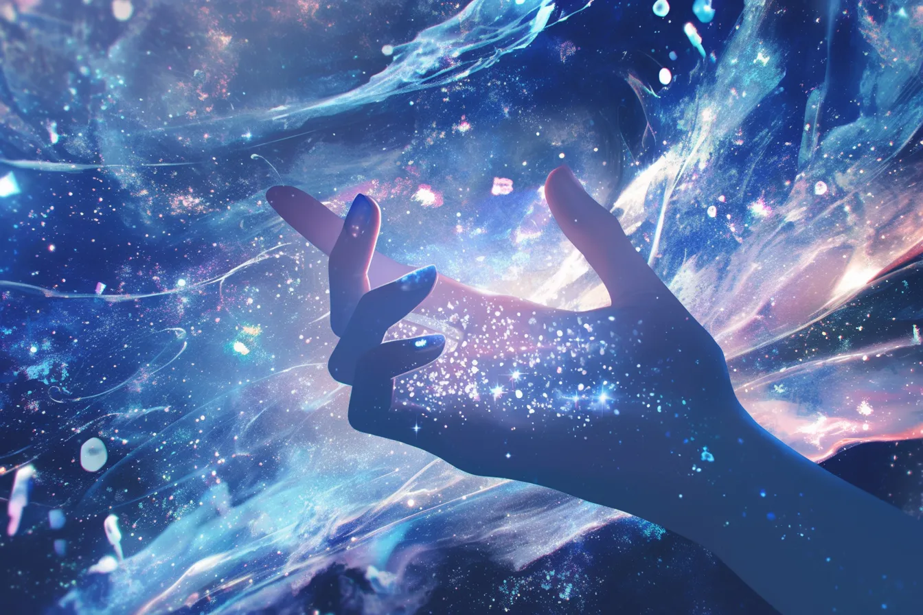 綺麗な手と宇宙の輝き｜星空を背景にした幻想的な構成で、きらめく光粒が指先を彩る。綺麗な手を幻想的に演出することで、広告やビジュアル素材に映える一枚。