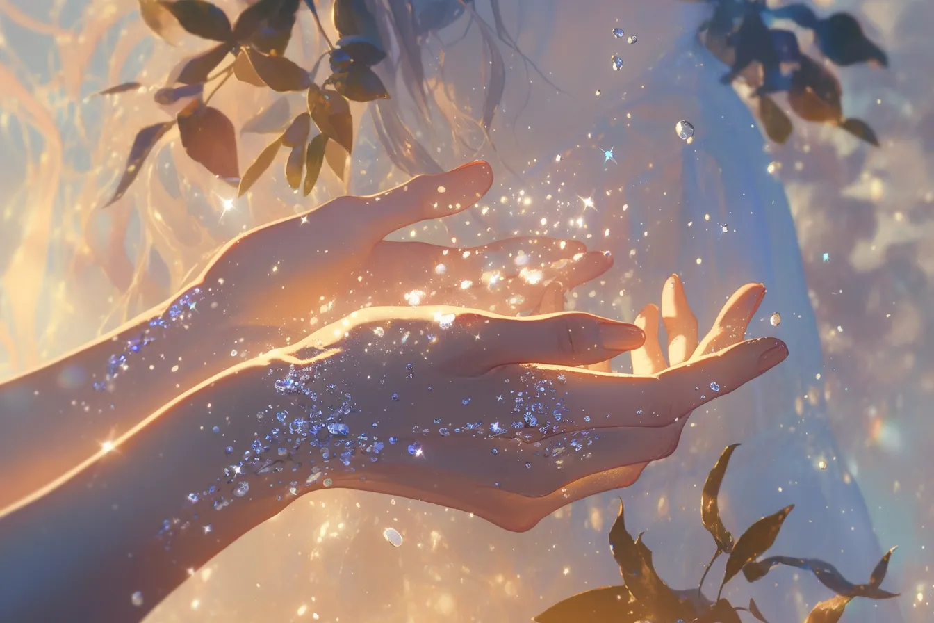 綺麗な手と幻想の粒子｜光の粒が舞う中で差し出された両手が優美さを強調。綺麗な手の滑らかさときらめきを組み合わせ、ファンタジックな雰囲気を演出する。