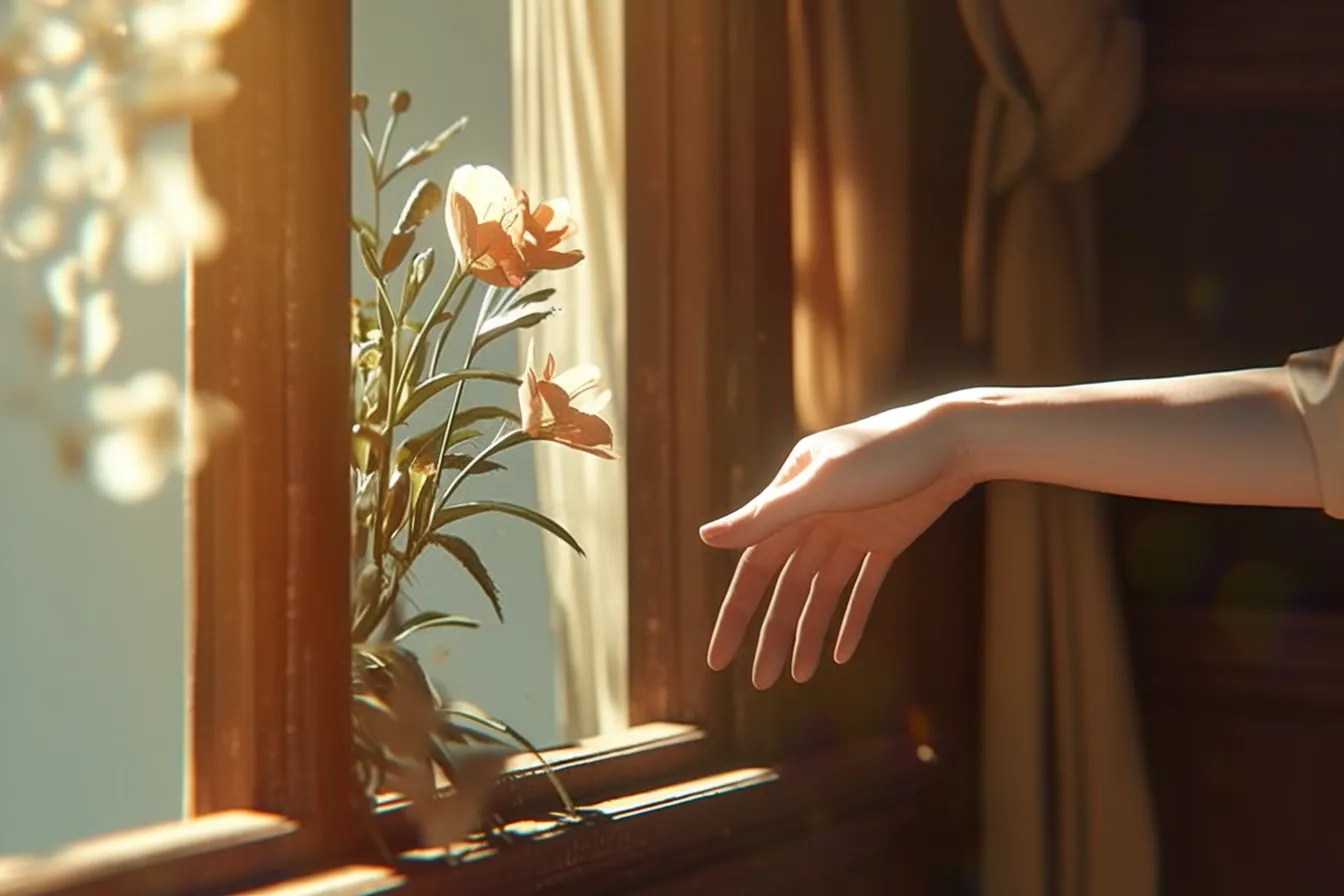綺麗な手と花の光景｜窓辺の花に触れる手を描いた構図で、柔らかな自然光が全体を包む。綺麗な手の細やかな動きが、ナチュラルで親しみやすい雰囲気を持つ。