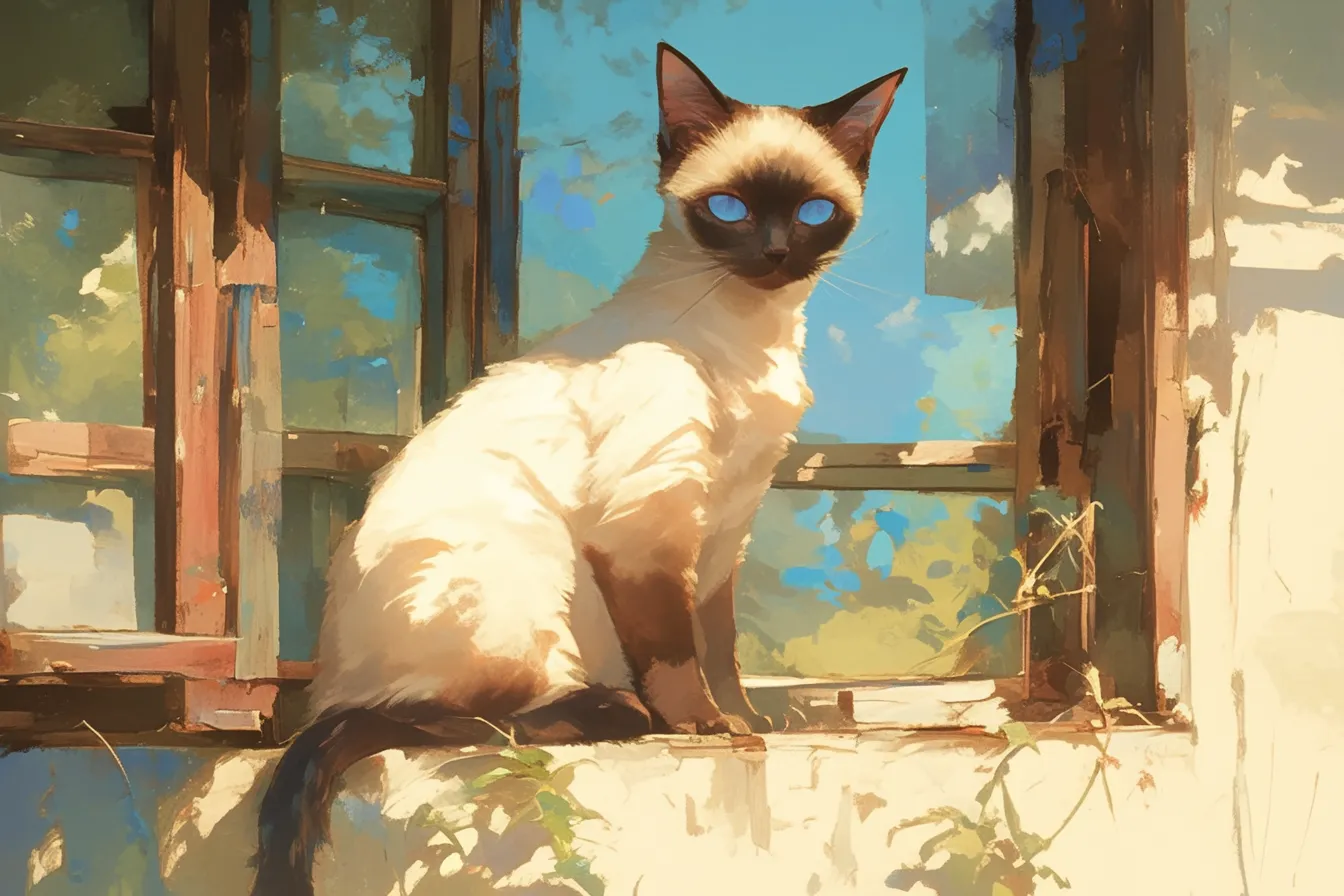 綺麗な猫 窓辺に座るシャム猫｜鮮やかな青空と窓枠の対比が印象的な綺麗な猫の一枚です。毛並みの光沢や澄んだ瞳が強調され、ペット関連やインテリア系の広告素材に適したデザインです。
