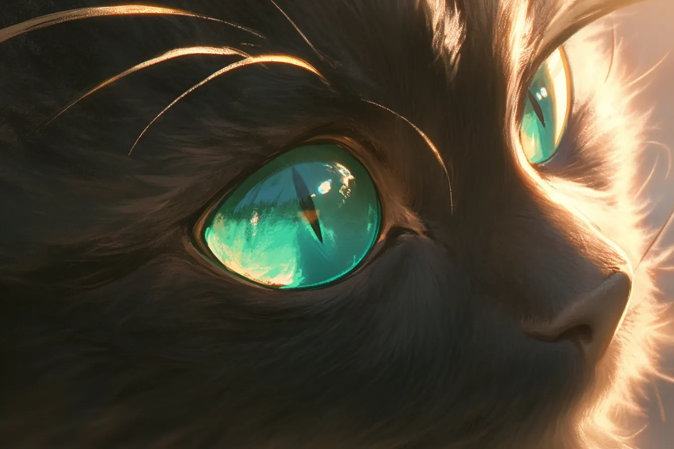 綺麗な猫 エメラルドの瞳のアップ｜猫の目をクローズアップした大胆な視点で、輝く瞳が主役となった綺麗な猫の表現です。インパクトのあるビジュアルとして、ポスターやブランドイメージに活用可能です。