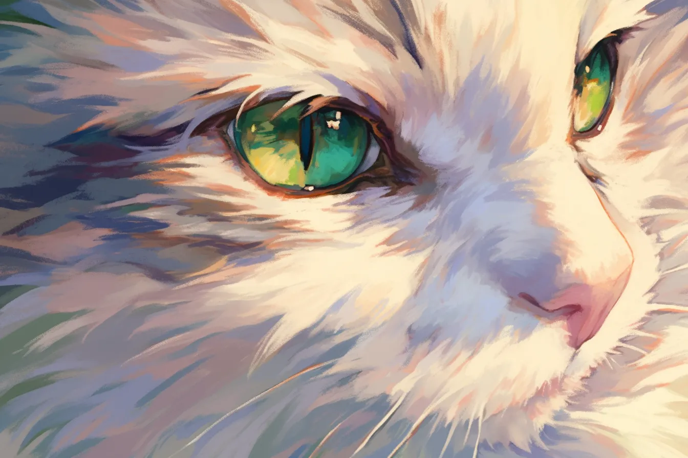 綺麗な猫 柔らかな筆致の肖像画風｜絵画調のタッチで描かれた綺麗な猫の顔アップです。やわらかい色彩表現が特徴で、アート系の制作物や上質なパンフレットに適しています。