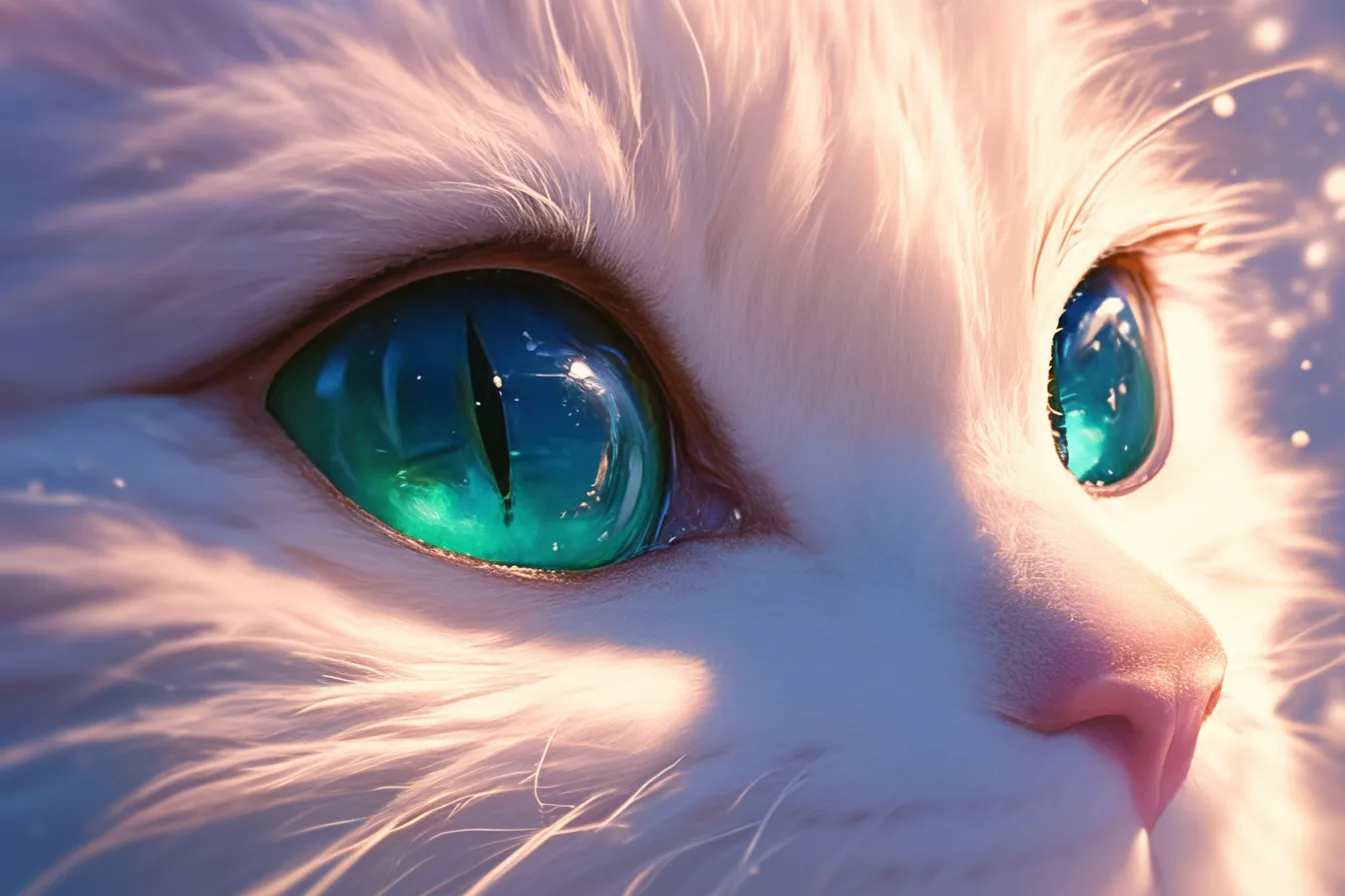 綺麗な猫 透明感のある青い瞳｜幻想的な光の演出で猫の瞳を際立たせた綺麗な猫のビジュアルです。透明感のある青い瞳が印象的で、美容やファッション関連の素材として活かせます。