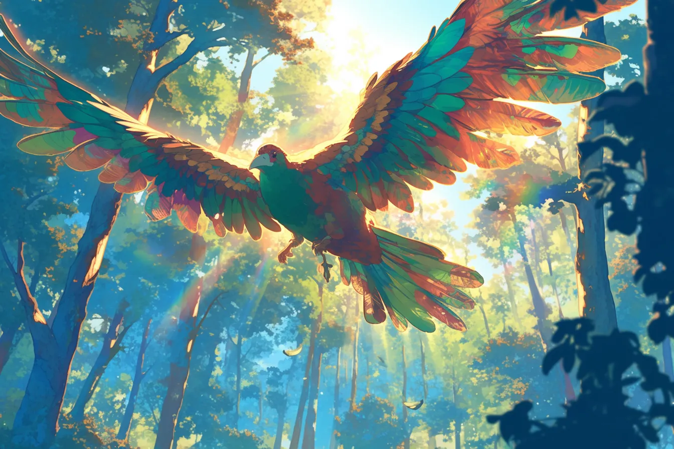 綺麗な鳥の羽ばたき｜光を透かすような鮮やかな羽ばたきが描かれた綺麗な鳥の姿は、自然美と力強さを同時に表現しています。広告や企業のビジュアルに用いることで、希望や成長を象徴する印象的な素材になります。