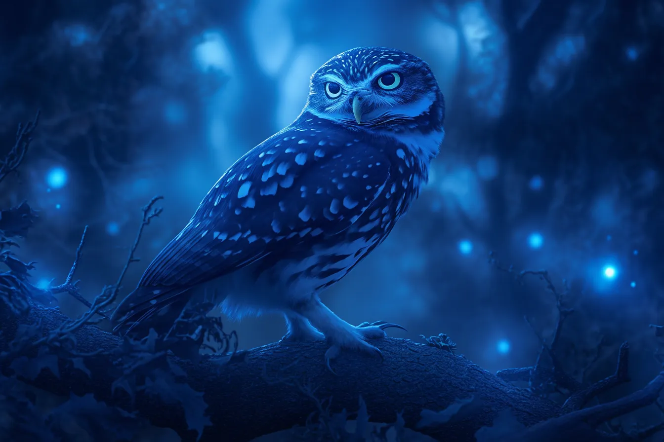 綺麗な鳥の佇まい｜夜の幻想的な光に包まれた綺麗な鳥の姿は、落ち着きと神秘性を兼ね備えています。ビジネス写真素材としては、信頼感や知性を演出する用途に適し、プレミアム感のある表現に役立ちます。