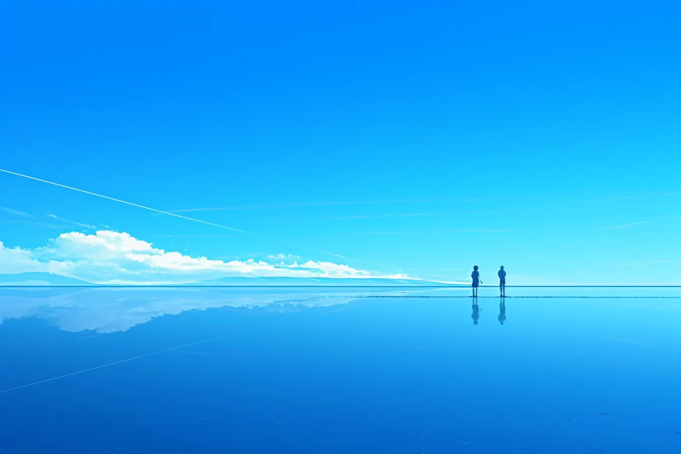 人物と地平線が映る綺麗な空｜澄んだ青空と水面に映る二人のシルエットが調和する構図。物語性を演出する綺麗な空の素材として幅広い利用価値を持ちます。