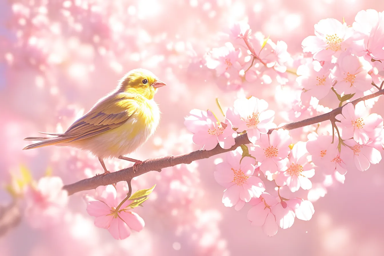綺麗な鳥と桜の共演｜満開の桜と寄り添う綺麗な鳥の姿は、春の訪れを鮮やかに表現しています。企業のキャンペーンや季節のプロモーション素材に適し、温かさと希望を感じさせる効果があります。