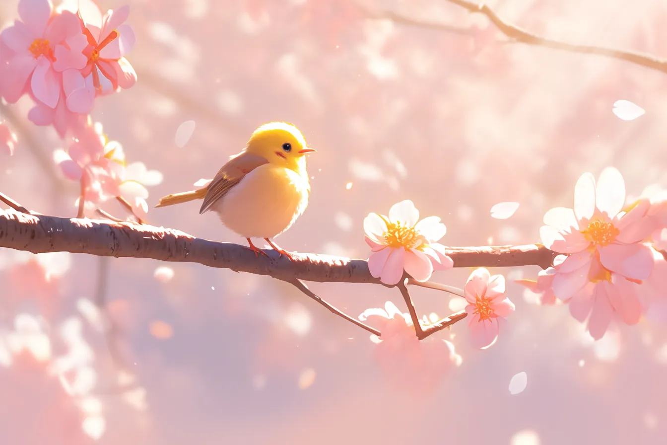 綺麗な鳥の桜枝と光｜柔らかな光の中で桜枝にとまる綺麗な鳥は、可憐さと優雅さを兼ね備えています。ビジネス素材としては華やかな印象を与え、春イベントや商品PRに幅広く利用できます。