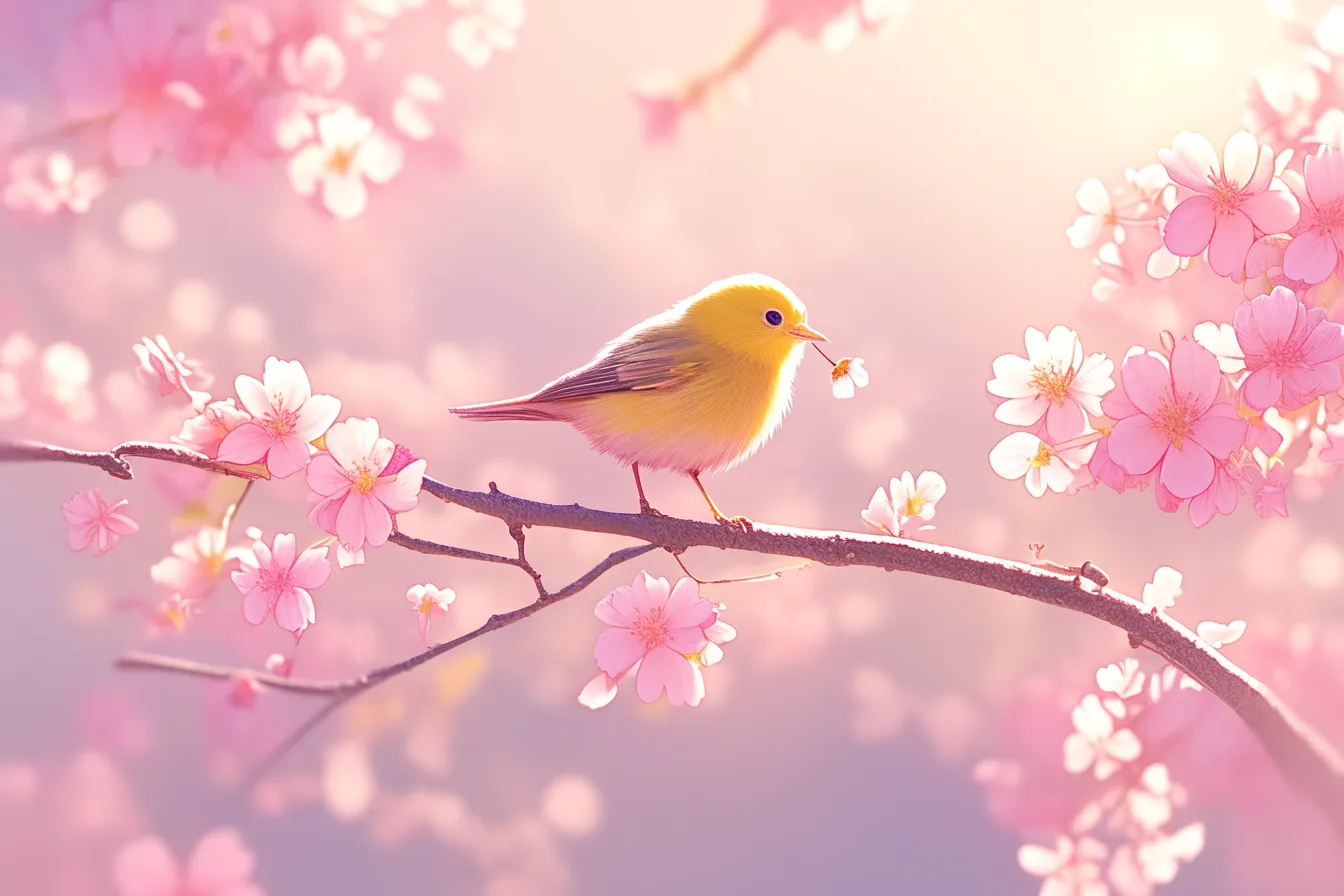 綺麗な鳥と花びら｜花びらをくわえる綺麗な鳥が描かれた構図は、愛らしさとストーリー性を強調します。ビジネスにおいては顧客とのつながりや温かさを表現する際に適した素材となります。