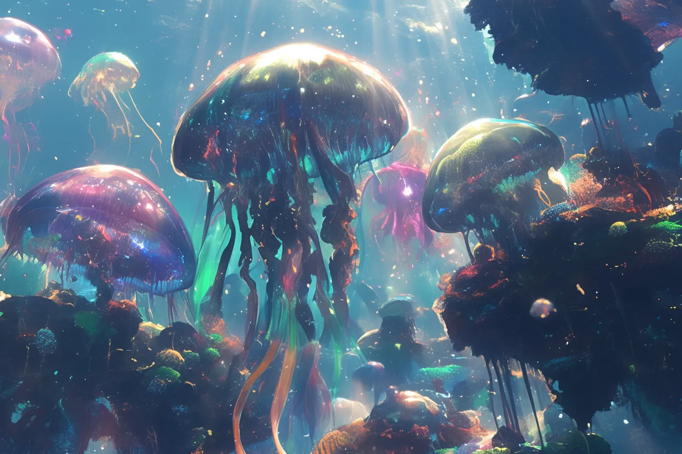 綺麗なクラゲと海底の光景｜海底を背景に輝く綺麗なクラゲを描いた幻想的なイラスト。鮮やかな発光表現が印象的で、空間演出やイベントのビジュアルに幅広く使える写真素材です。