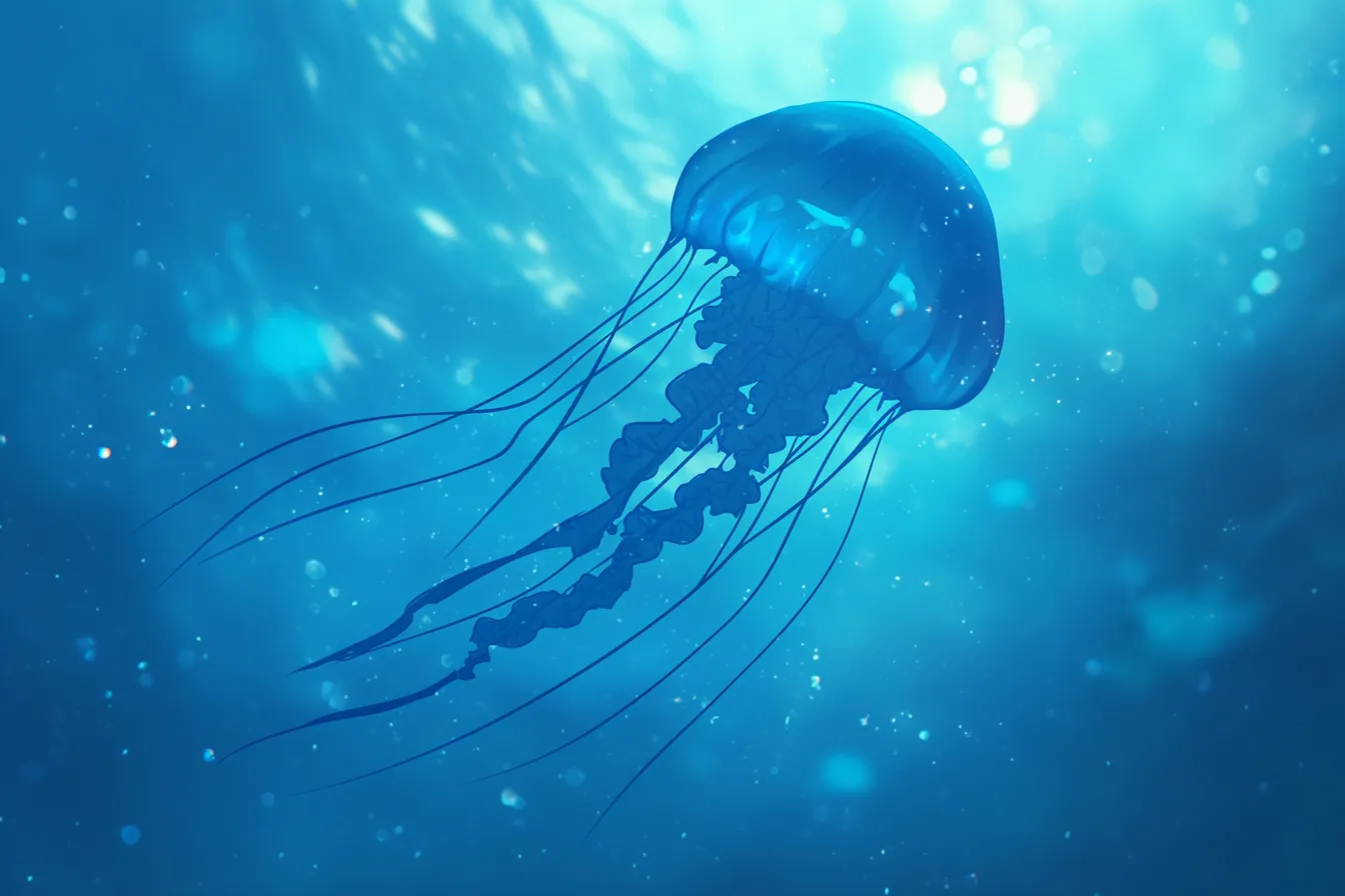 綺麗なクラゲの深海シルエット｜光を透かして浮かび上がる綺麗なクラゲのシルエットは、シンプルで力強い印象を与えます。ビジネス素材としては落ち着きや信頼感を演出し、企業のコーポレートイメージに適しています。