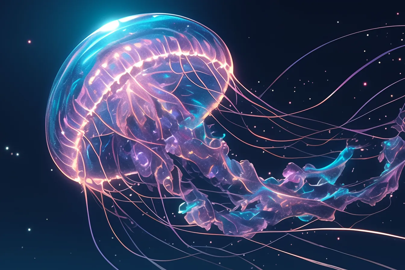 綺麗なクラゲの宇宙的演出｜宇宙空間を思わせる背景に浮かぶ綺麗なクラゲが幻想的に輝きます。神秘性と先進性を兼ね備えた表現は、革新や独創性を打ち出す企業ビジュアルに適した素材です。
