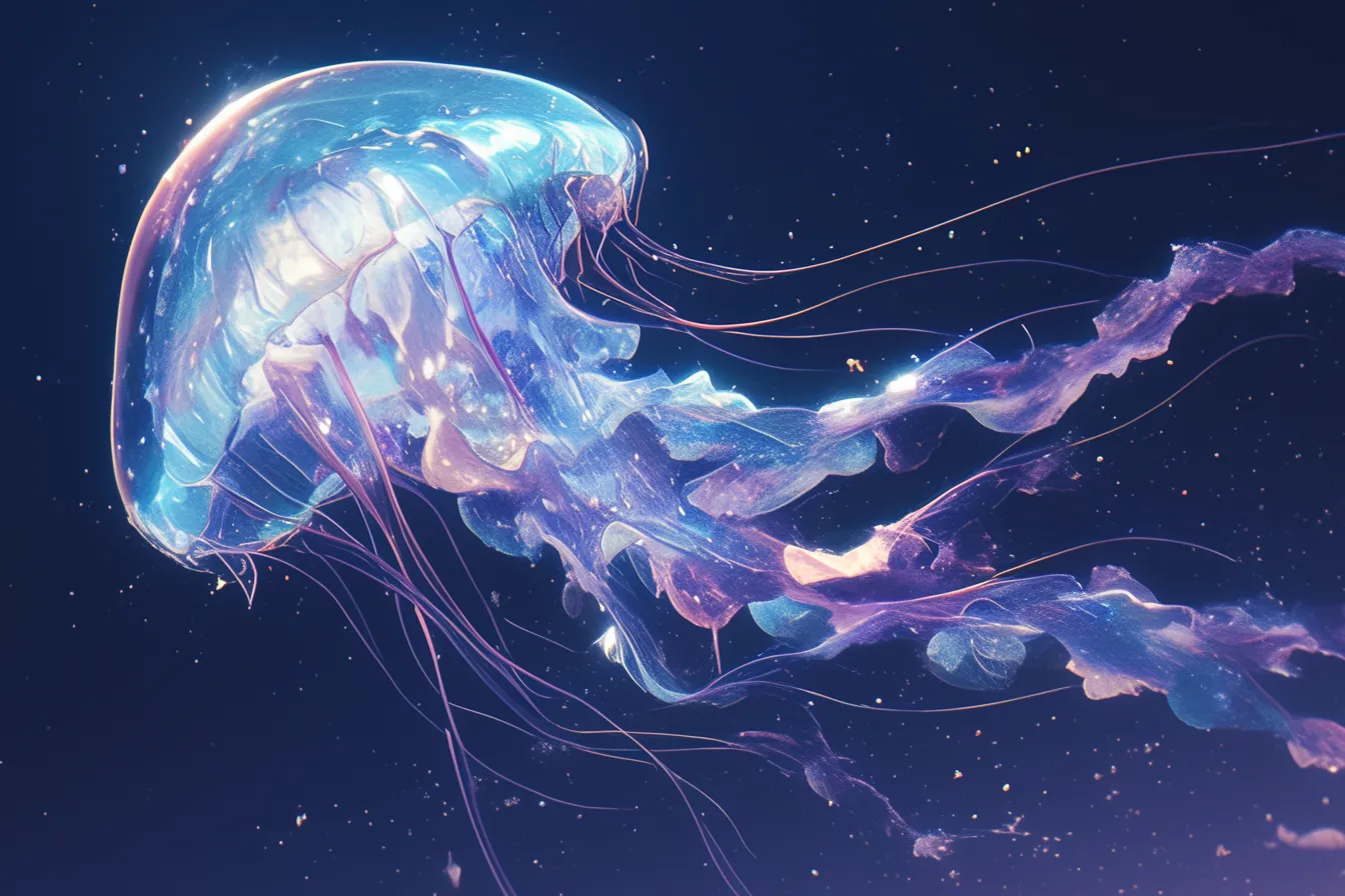 綺麗なクラゲの幻想ブルー｜柔らかい光をまとった綺麗なクラゲが美しいブルートーンで描かれています。清涼感あふれるビジュアルは、広告や商品パッケージにおいて爽やかさを伝える効果があります。