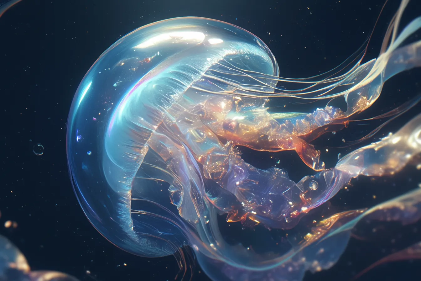 綺麗なクラゲの透明な浮遊｜透明感のある体が際立つ綺麗なクラゲが柔らかい光の中で漂う姿。清らかで洗練された印象は、企業のブランドイメージを高めるビジュアル素材に最適です。