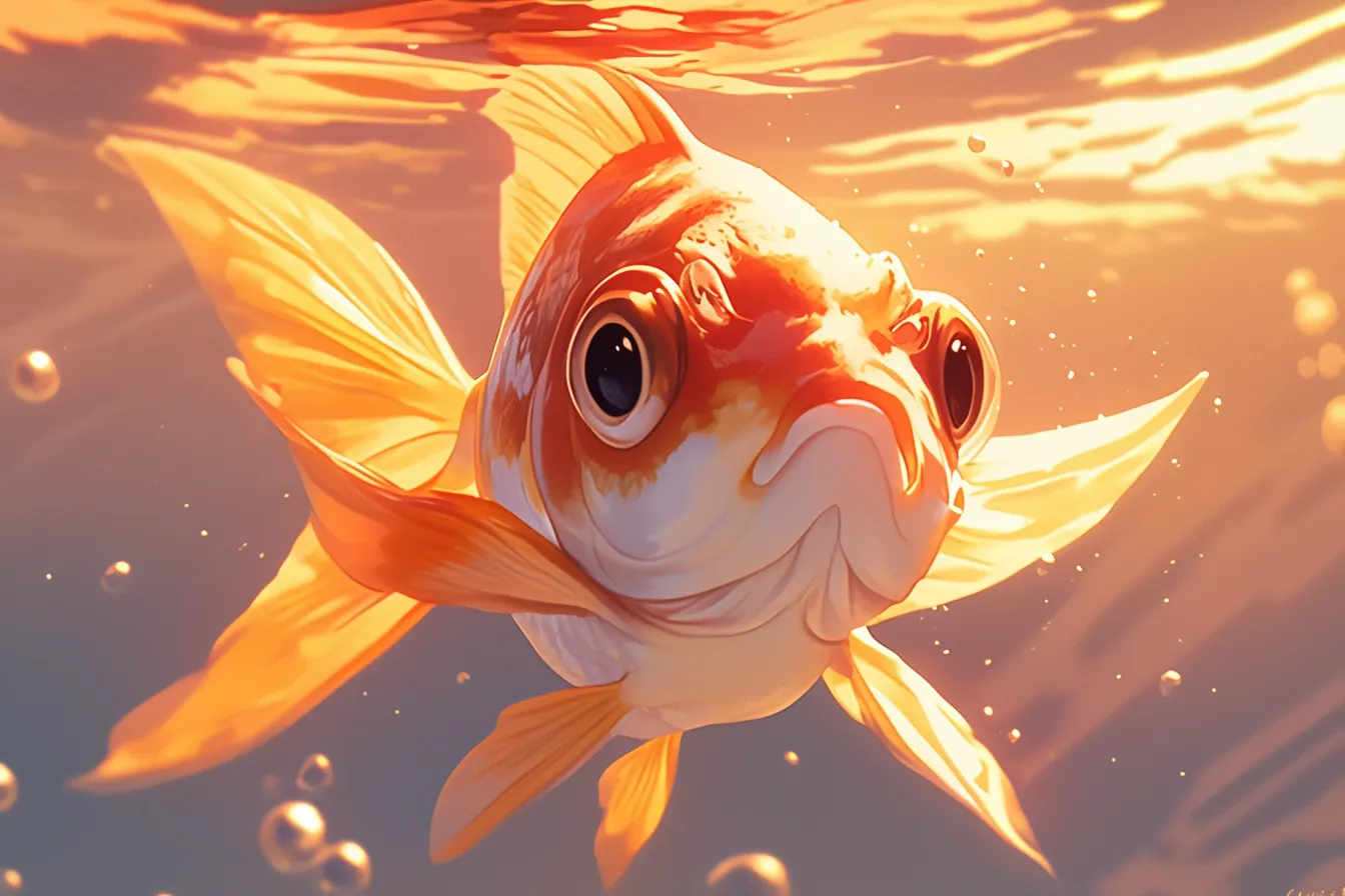 綺麗な魚の金魚｜夕陽に照らされ黄金色に輝く綺麗な魚の金魚は、愛らしさと親しみやすさを兼ね備えています。広告やイベントビジュアルで温かみを表現するのに効果的です。