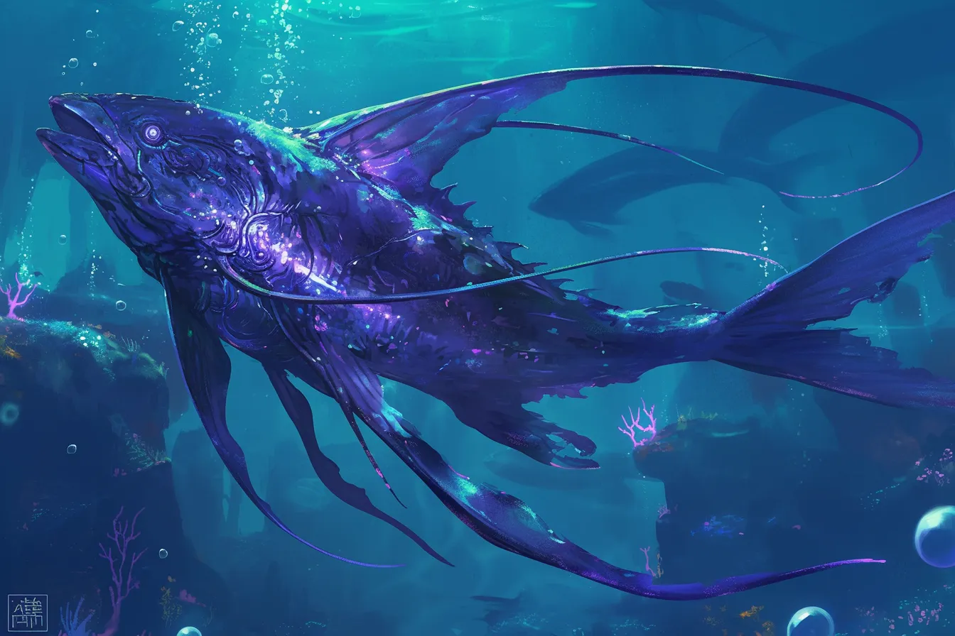 綺麗な魚の幻想的な深海種｜青と紫に光る綺麗な魚の深海種は、幻想的で未来感のある存在感を放ちます。革新的なイメージを伝えるビジネス素材として、テクノロジー関連に最適です。