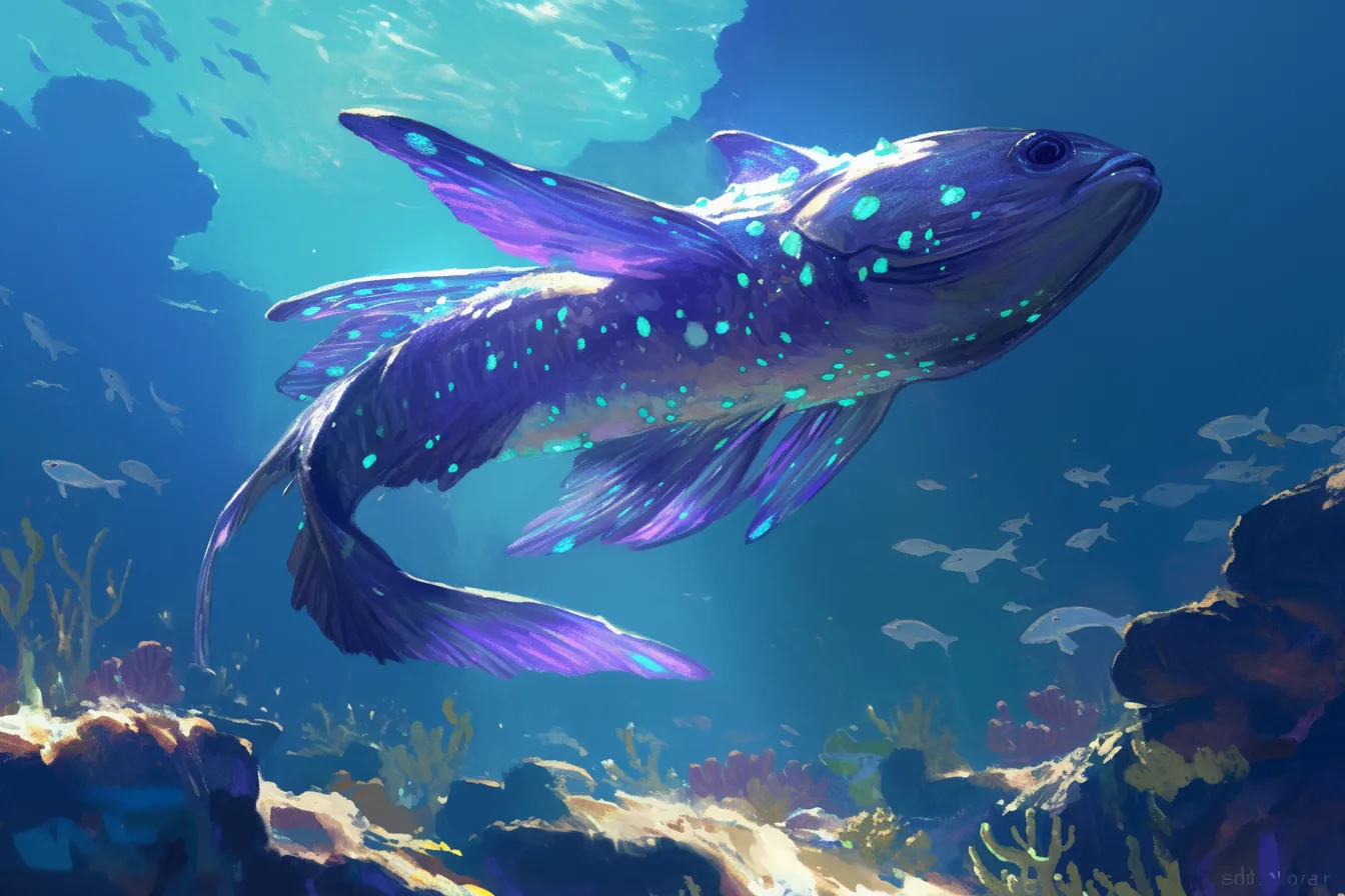 綺麗な魚の光をまとう姿｜光の粒をまといながら海中を泳ぐ綺麗な魚は、自由さと爽やかさを表現しています。デザインや広告素材として清涼感と活力を演出するのに適しています。